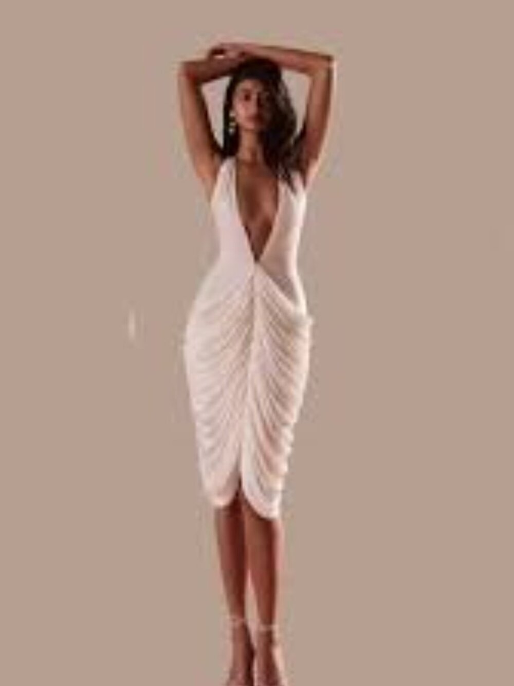 PLT Label White Slinky Draped Skirt Plunge Midi Dress Size 4 V-Cut Zipper